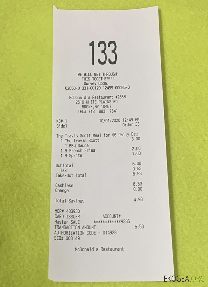Chèque de paiement du restaurant McDonald's
